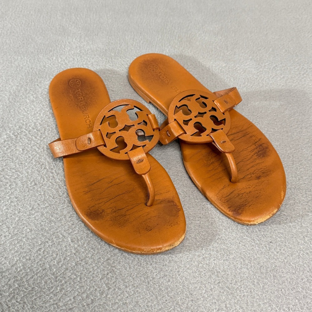 Tory Burch Miller Sandal Women 7.5 Tan Leather Logo Thong Flat Comfort Summer